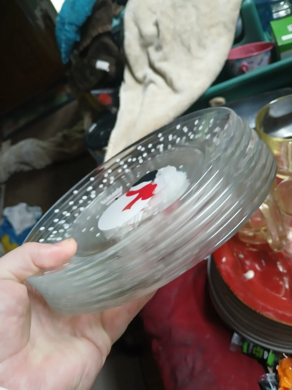 Crate & Barrel Snowman Glass Snack Dessert Plates 8” France Arcoroc ~ Set Of 8